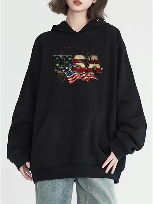 Women's Patriotic USA Flag Graphic Hoodie With Kangaroo Pocket