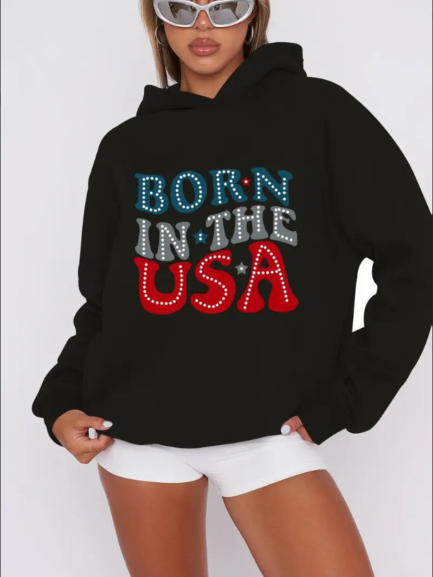 Women'S Casual  Hoodie - Born In The USA Graphic Print