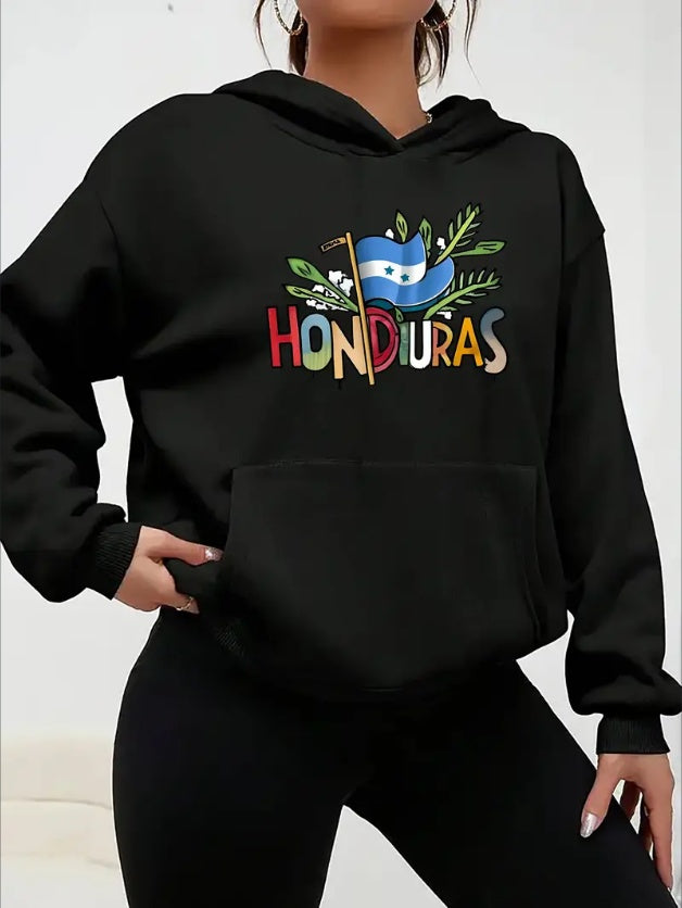 Honduras Flag & Letter Print Long Sleeve Hooded Pullover Sweatshirt