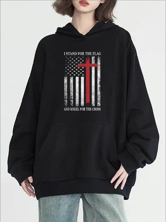 Women's Casual USA Flag Print Hoodie - Long Sleeve, Round Neck Pullover For Fall & Winter Fashion