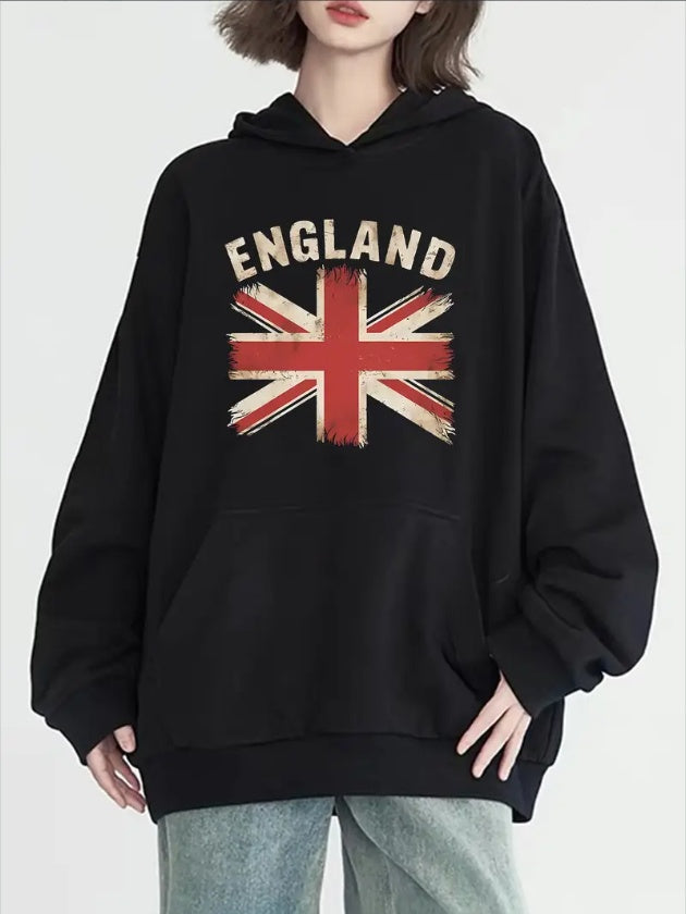 Women's Casual Hoodie With British Flag Print - Long Sleeve, Round Neck With Pockets, Cozy  Pullover For Fall & Winter